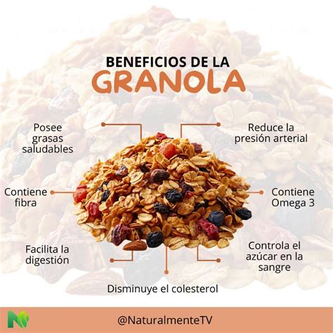 Infografía detallando los componentes nutricionales de la granola: avena, frutos secos, semillas, frutas deshidratadas.