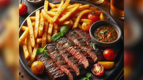 Plato de churrasco con papas doradas en gajos y un corte de carne jugoso