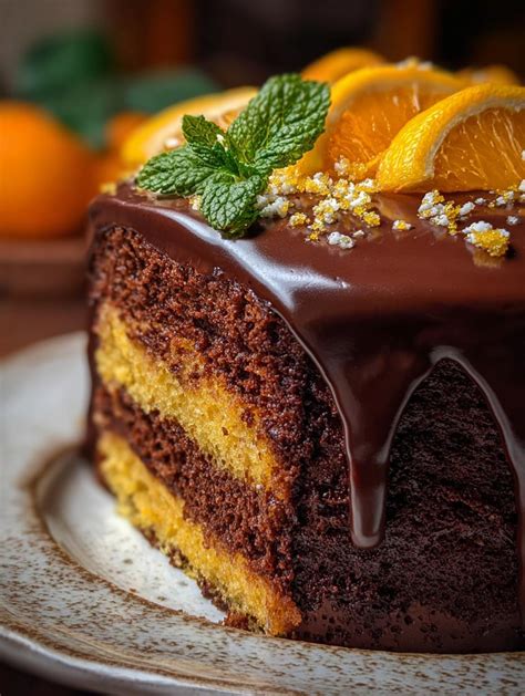 Foto de un bizcocho de naranja amarga decorado con naranja confitada y gotas de chocolate