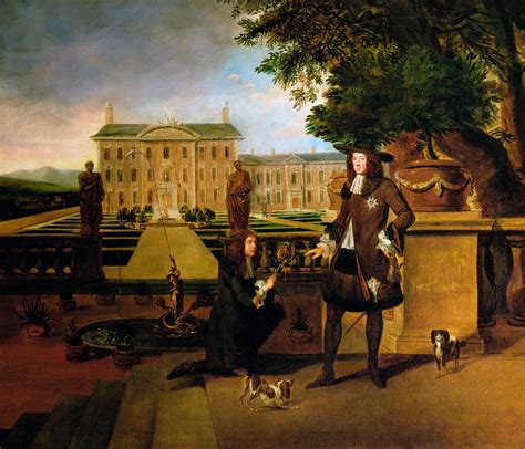 Ilustración antigua o pintura mostrando a John Rose, jardinero del rey, obsequiando una piña a Carlos II