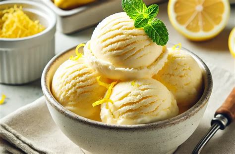 Ilustración de un helado cremoso de limón con trozos de frambuesa y hojas de menta.
