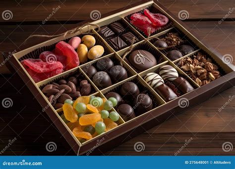 Caja de chocolates variados con frutos secos y bolas crujientes.
