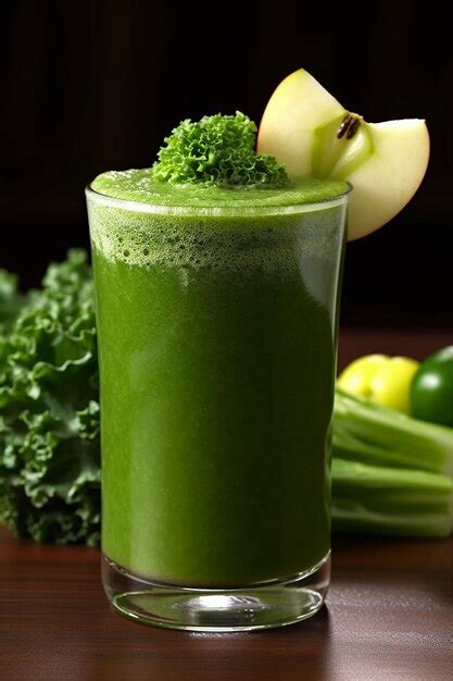 Ilustración de un vaso de jugo verde con los ingredientes principales (kale, pepino, apio, manzana, jengibre, limón).