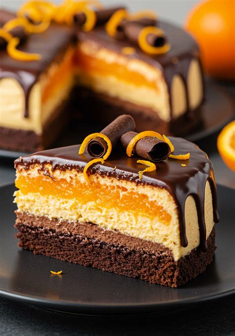Presentación de la torta de chocolate y naranja de La Floresta, mostrando sus capas y decoración.