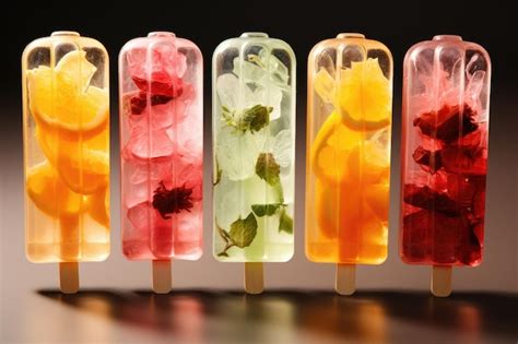 Fotografía de vitrina con paletas de fruta gourmet de colores vibrantes y helados de crema.