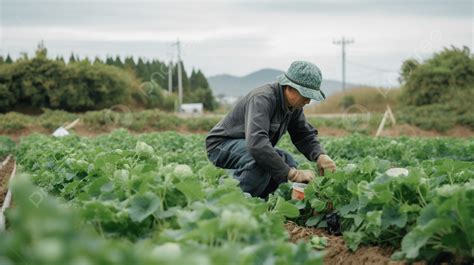Hombre recolectando verduras de hoja verde en un campo.