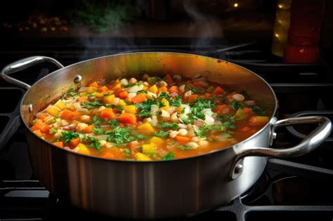 Olla con sopa hirviendo en la estufa, mostrando la textura y los ingredientes.