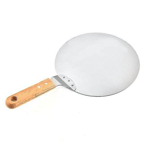 Fotografía detallada de una paleta para pizza de 14 pulgadas fabricada en acero inoxidable con mango ergonómico.