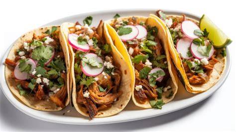 Plato de tacos con pavo desmenuzado y guarniciones frescas