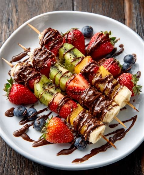 Primer plano de brochetas de fruta variada con chocolate fundido