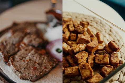 Esquema comparativo de proteínas vegetales: Heura, seitán, tofu y setas ostra como base para el sustituto del pollo