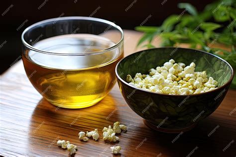 Fotografía de una taza de té de arroz tostado junto a unos granos de arroz tostado.
