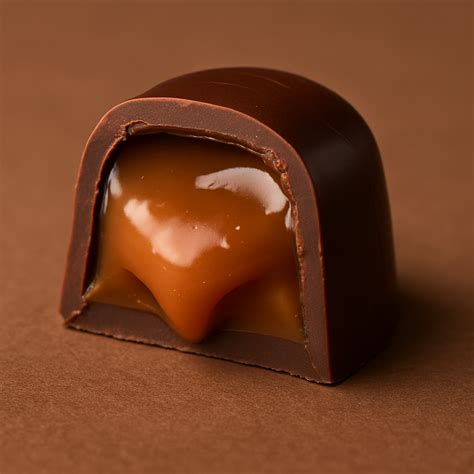 Esquema de un bombón relleno con caramelo salado, mostrando las capas de chocolate y el relleno.