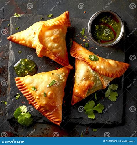 Samosas doradas y crujientes con un cuenco de chutney.