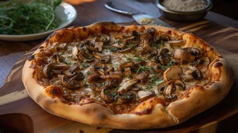 Pizza casera de champiñones y cebolla caramelizada recién horneada