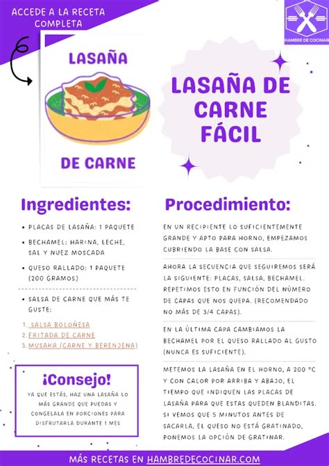 Esquema de los ingredientes principales para lasaña de carne