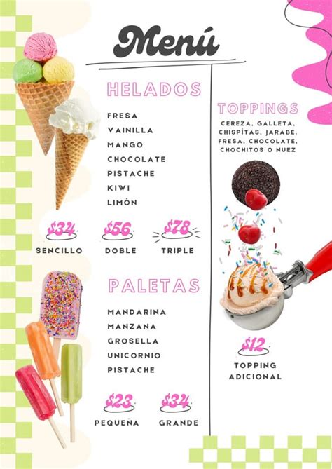 Ejemplo de menú de San Valentín para heladería con nombres creativos y precios.