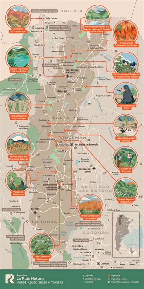 Mapa de rutas de trekking y puntos de interés geológico en el Parque Nacional Pan de Azúcar