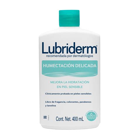 Esquema de la composición de la fórmula de Lubriderm Humectación Delicada (tapa verde) destacando su base de agua purificada y ausencia de alérgenos comunes.
