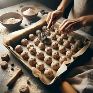 Una imagen mostrando el proceso de formar bolitas de masa de galleta y colocarlas en una bandeja para hornear preparada con papel pergamino.
