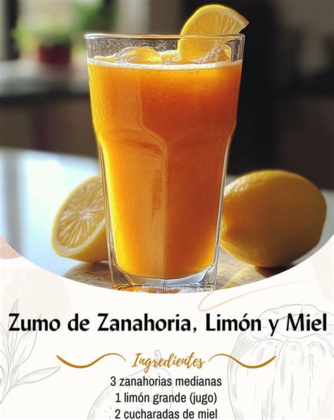 Infografía que muestra los ingredientes básicos del jugo: zanahorias, un limón con cáscara, agua y una licuadora.