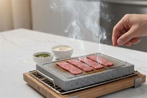 Foto de una carne asándose sobre una piedra volcánica caliente en una mesa.