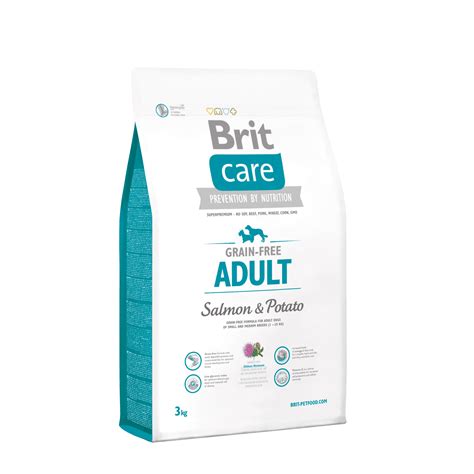 Bolsa de alimento Brit Care Adult Salmon Grain Free con un perro feliz al lado