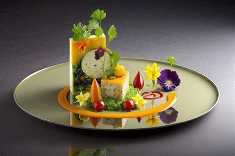 Plato de cocina vegetariana gourmet presentado con técnicas de alta cocina