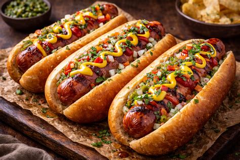 Foto de hot dogs asados con tocino y guarniciones mexicanas