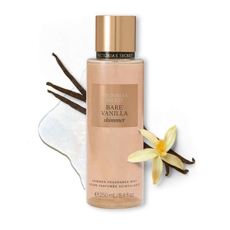 Imagen promocional de Victoria's Secret Bare Vanilla mostrando el envase clásico y la versión con partículas brillantes (shimmer)