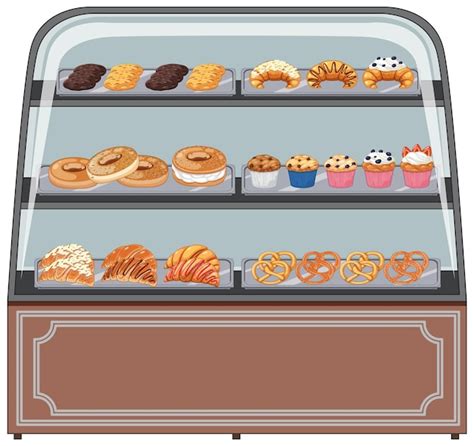 Ilustración de una vitrina de pastelería con variedad de alfajores y chocolates.