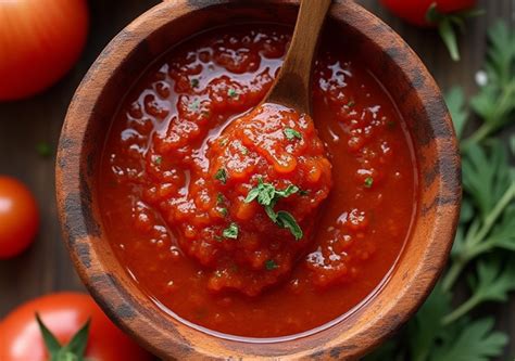 primer plano de la textura de una salsa de tomate artesanal donde se aprecian trozos naturales de hortalizas