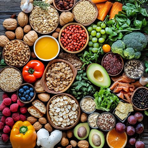 Ilustración mostrando una variedad de alimentos ricos en fibra: frutas, verduras, legumbres, granos enteros y frutos secos.