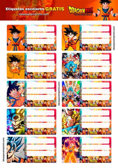Diseño de etiquetas escolares con personajes de Dragon Ball Z, incluyendo a Goku y otros guerreros Saiyajin, en colores vivos y estilo anime.