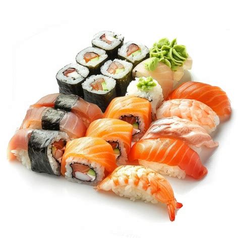 Fotografía profesional de una variedad de piezas de sushi fresco y presentación de platos de estilo japonés