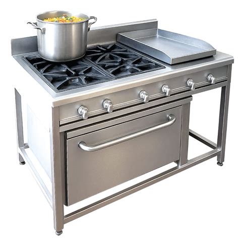 Esquema técnico de una cocina industrial multifuncional con plancha y horno a gas