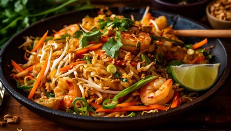 Plato de Pad Thai con fideos de arroz planos, camarones, tofu y cacahuetes
