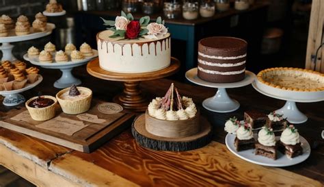 Mesa con varios tipos de pasteles y postres