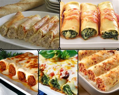 Ilustración de diferentes tipos de rellenos para canelones (carne, atún, verduras).