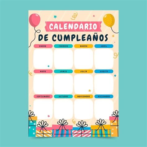 Diseño de calendario de cumpleaños para profesores con temática de cupcakes y casillas para fechas