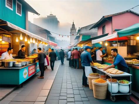 Foto de una escena vibrante de comida callejera india con diversos puestos y gente