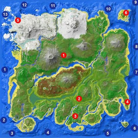 Mapa con la localización de cuevas terrestres y marinas en ARK Survival Evolved