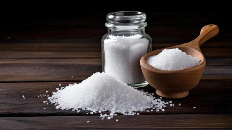 Fotografía de sal con grumos y sal suelta en un salero