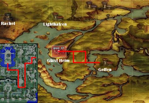 Mapa de la instancia Glast Heim Shattered Memories con las rutas clave