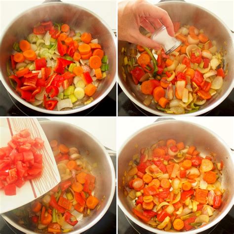 Preparación de pasta de caldo casero, con verduras picadas y procesadas