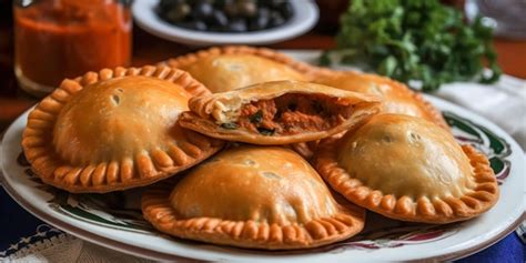 Fotografía gastronómica de empanadas artesanales recién horneadas con masa dorada y relleno tradicional.