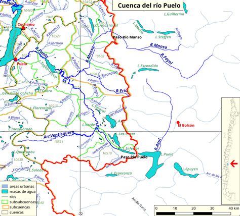 Mapa de la cuenca del Río Puelo, destacando tramos inferiores y superiores