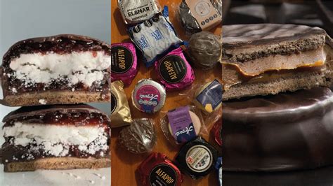 Fotografía de diversos alfajores premiados en el Campeonato Mundial, mostrando texturas de chocolate, merengue y rellenos