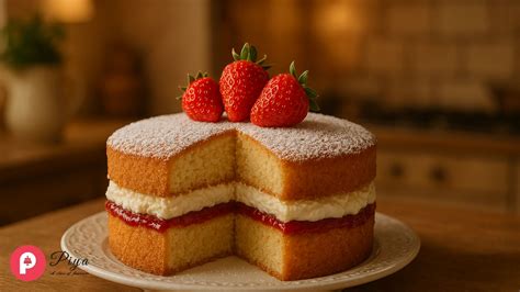 Una Victoria Sponge Cake decorada con fresas y azúcar glass.