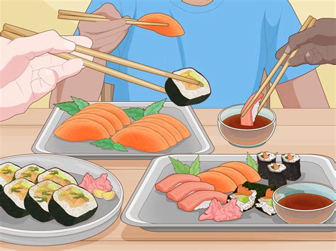 Ilustración de cómo comer sushi correctamente (con las manos, sin mojar arroz en soja)